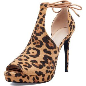Womens leopard Peep Toe Platform Stiletto Heels Lace-Up Strappy Dress Sandals